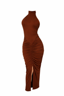 VESTIDO LONGO DRAPEADO CARAMEL