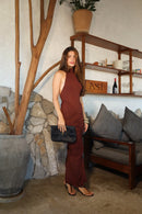 VESTIDO LONGO DRAPEADO CARAMEL