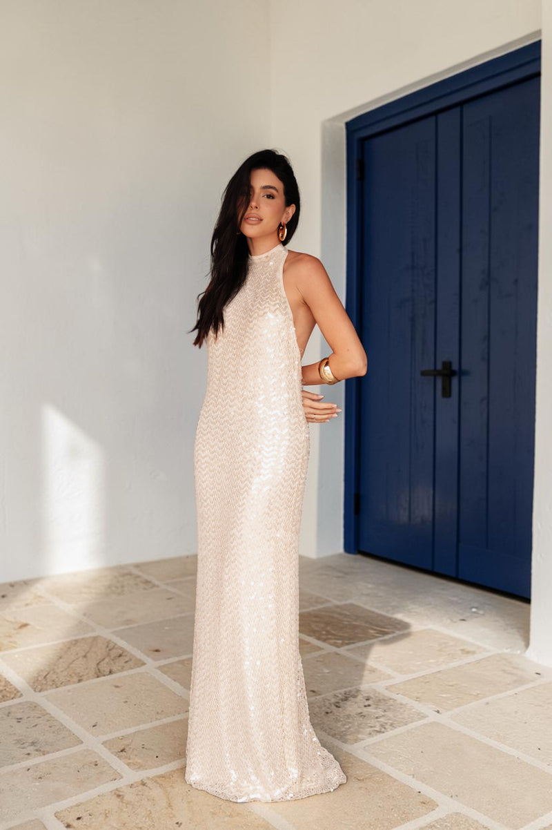 VESTIDO LONGO PAETÊ MEDITERRÂNEO * PRÉ VENDA *