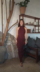 VESTIDO LONGO DRAPEADO CARAMEL