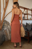 VESTIDO MIDI SEM ALÇAS COM AMARRAÇÃO ALFAMA