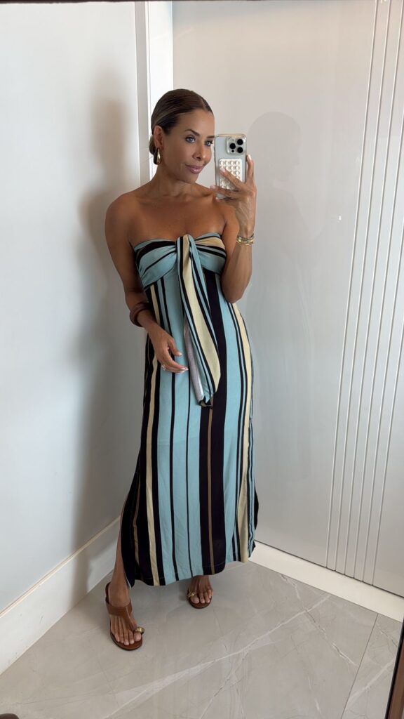 VESTIDO MIDI COM AMARRAÇÃO TOMARA QUE CAIA LISTRAS ORLA