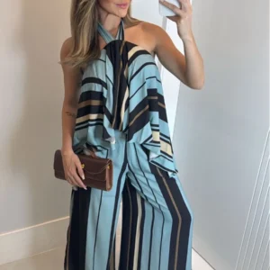 CONJUNTO DE CALÇA FLUIDA COM BATA LISTRAS ORLA