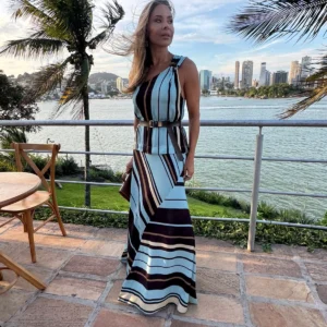 VESTIDO LONGO UM OMBRO SÓ ESTAMPADO LISTRAS ORLA