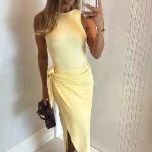 VESTIDO MIDI PAREO EM MALHA NUIT - G, Amarelo Manteiga