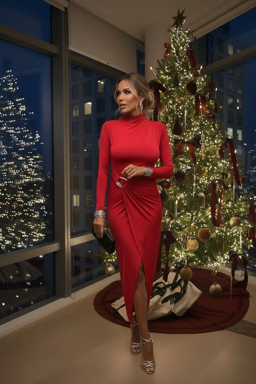 Vestido Red Gala Midi de Manga Longa com Drapeado